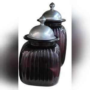 Vintage Artland Large Canisters, Amethyst Ribbed Glass, Set of 2